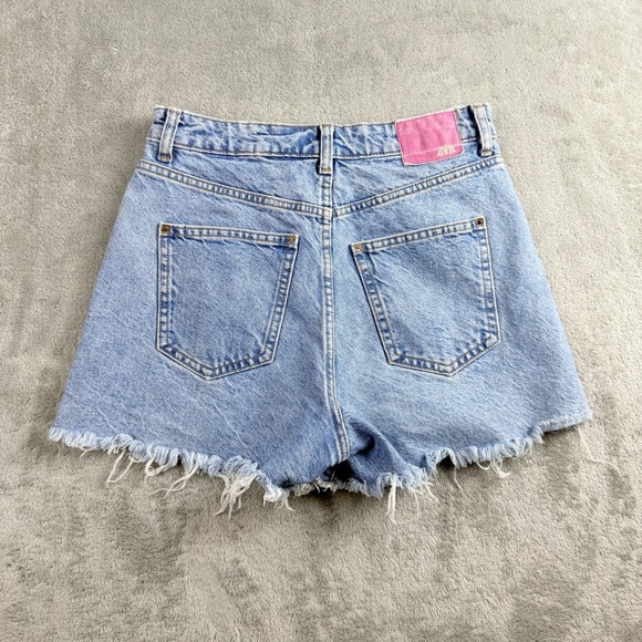 Zara Womens Denim Cutoff Shorts Womens 2 Blue Denim High Waist Raw Hem Festival - Picture 2 of 16